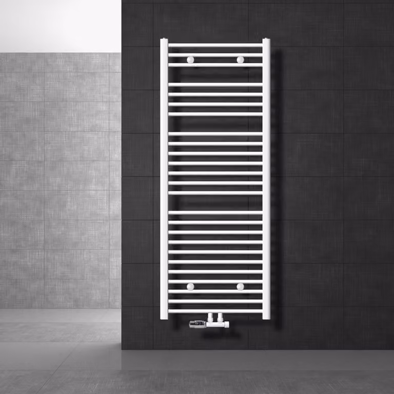 LuxeBath radiatore da bagno attacco centrale 600 x 1500 mm bianco diritto con termostato e set di collegamento angolo muro bianco - Radiatore, senza elemento riscaldante