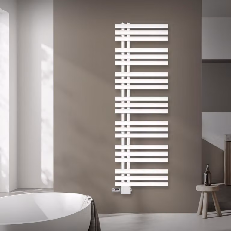 Radiatore da bagno LuxeBath Design, 500x1600 mm, bianco, set di collegamento termostatico ad angolo universale e passante, senza elemento riscaldante