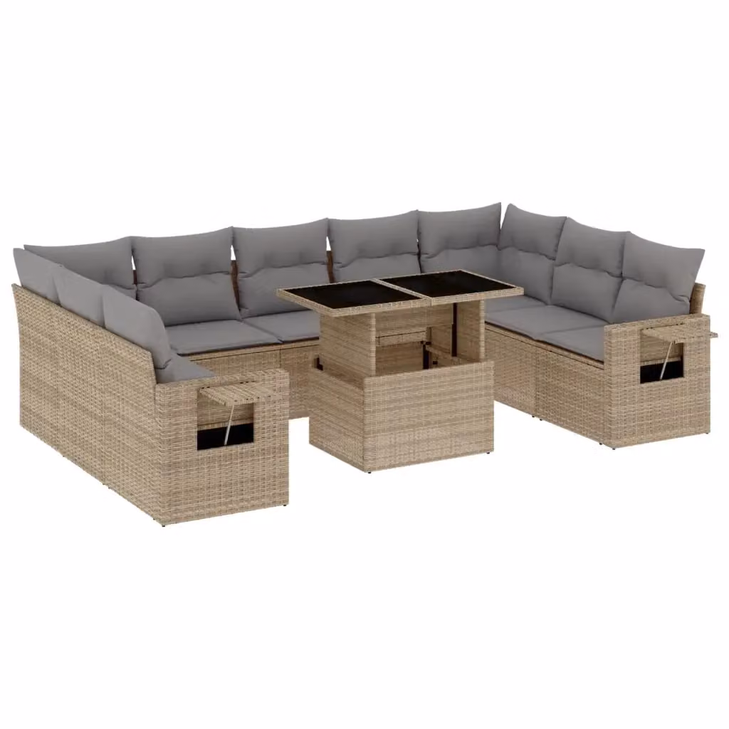Set Divano da Giardino 10 Pezzi vidaXL in Polyrattan con Cuscini Beige e Tavolino – 2