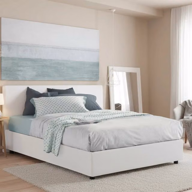 Letto matrimoniale contenitore Alaksir Talamo Italia con rivestimento in tessuto e materasso incluso, Bianco, 140x200 cm