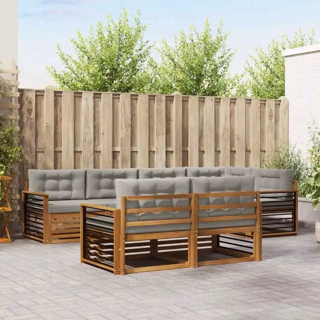 Set di divani da esterno a L vidaXL in legno di acacia con cuscini grigi per giardino e terrazza – 1