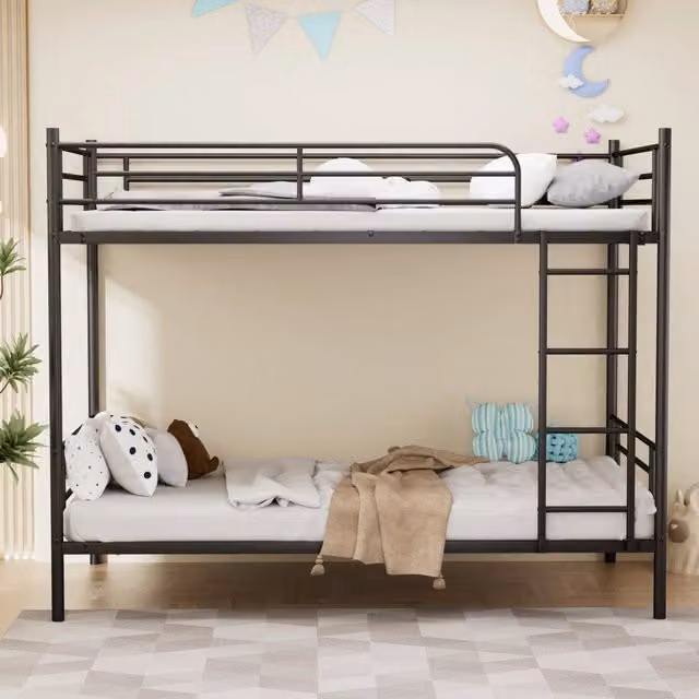 Letto a castello in acciaio 90 x 190 cm con scala e parapetto; nero