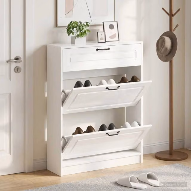 Mobile per scarpe moderno vidaXL in MDF e metallo con ante a ribalta, disponibile in bianco o nero, L/P/H: 78 x 24 x 100 cm