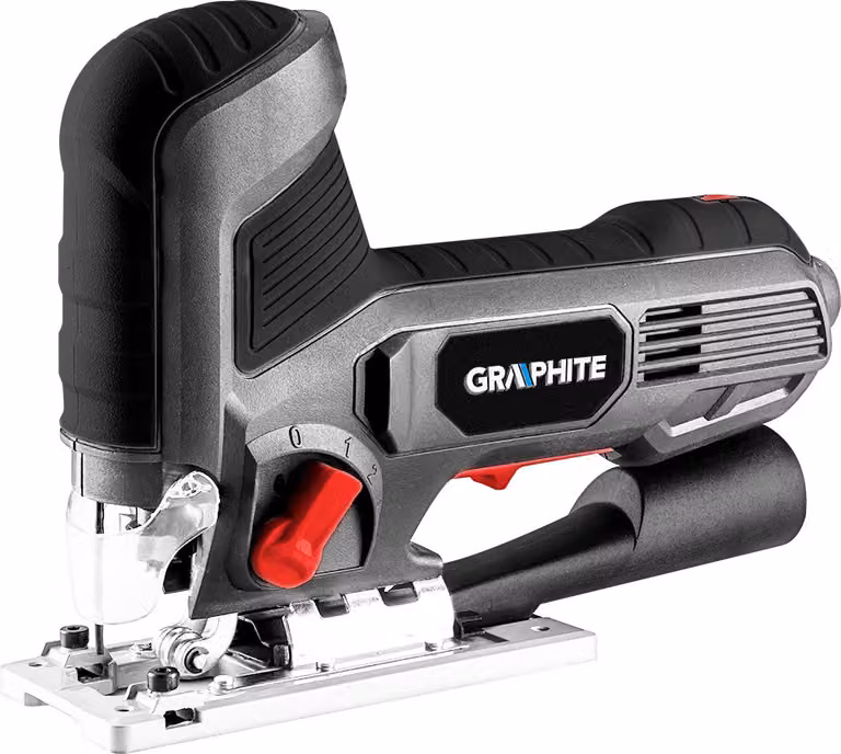 Seghetto alternativo GRAPHITE 600W, velocità di corsa 800-3000 giri/min, inclinazione del piede 0-45º. destra/sinistra, accessori: guida, chiave speciale, lama, aspirazione della polvere. Peso 1,72 kg
