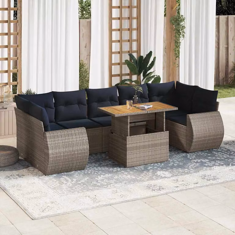 Set Divano da Giardino vidaXL 8 pz in Polyrattan e Legno di Acacia con Cuscini Grigio e Blu