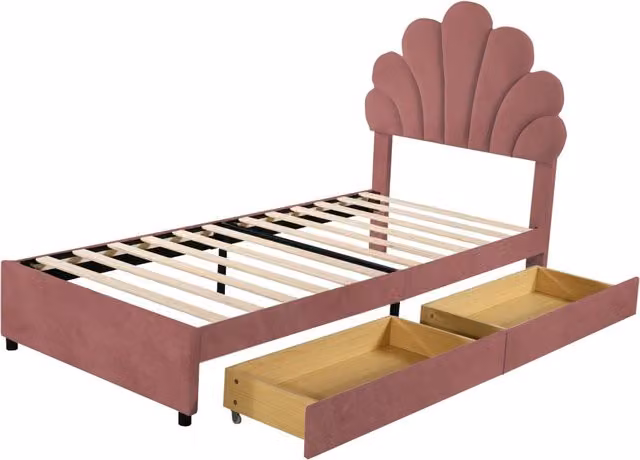 Letto imbottito per bambini 90x200 cm con testiera a fiori, struttura in MDF e doghe, con 2 cassetti rosa in tessuto vellutato