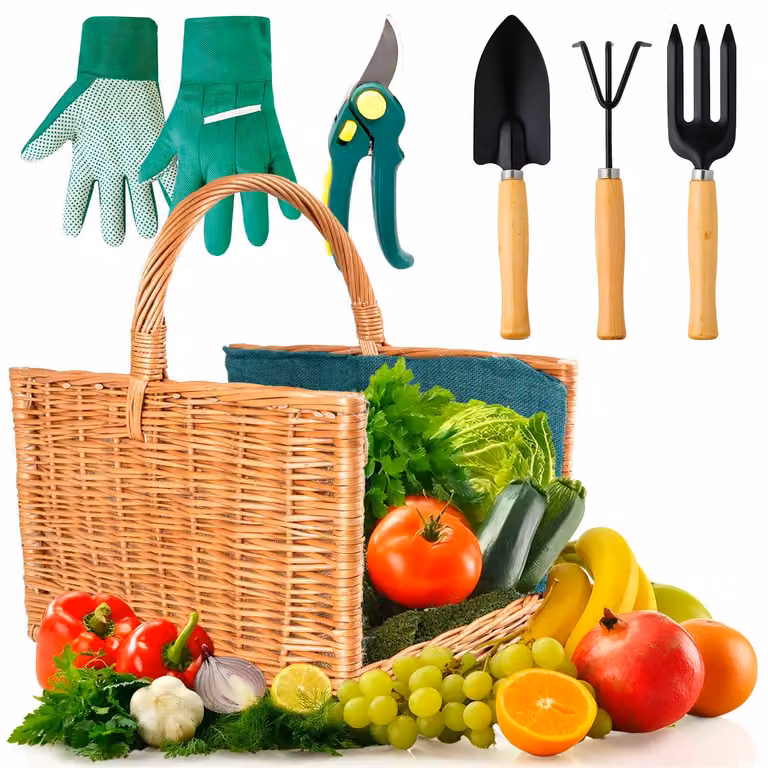 Set di attrezzi da giardino con cesto, design ergonomico, dimensioni 35x22x29 cm