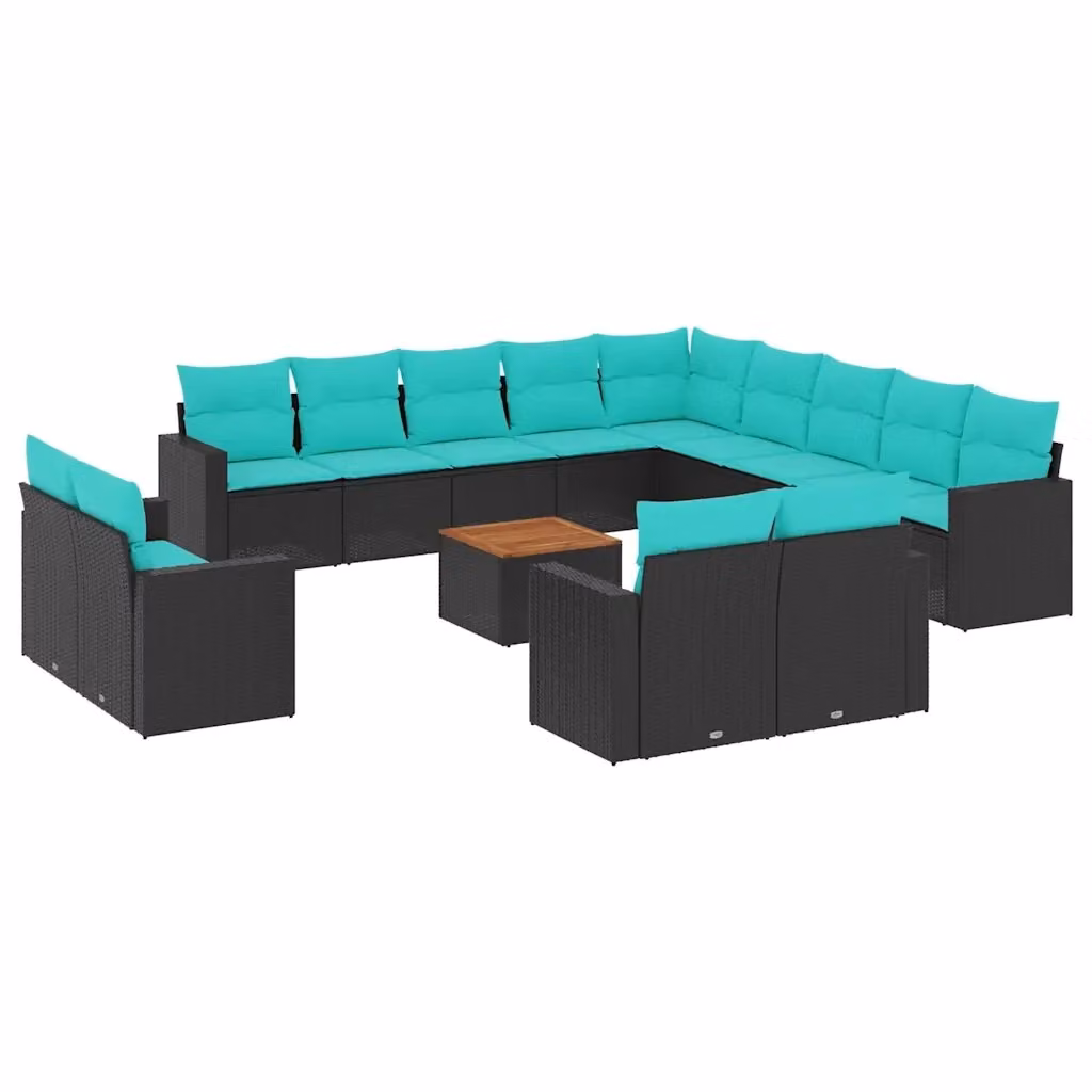 Set di Divani da Giardino vidaXL a Forma di U in Polyrattan Nero con Cuscini Blu e Imbottitura Removibile – 2