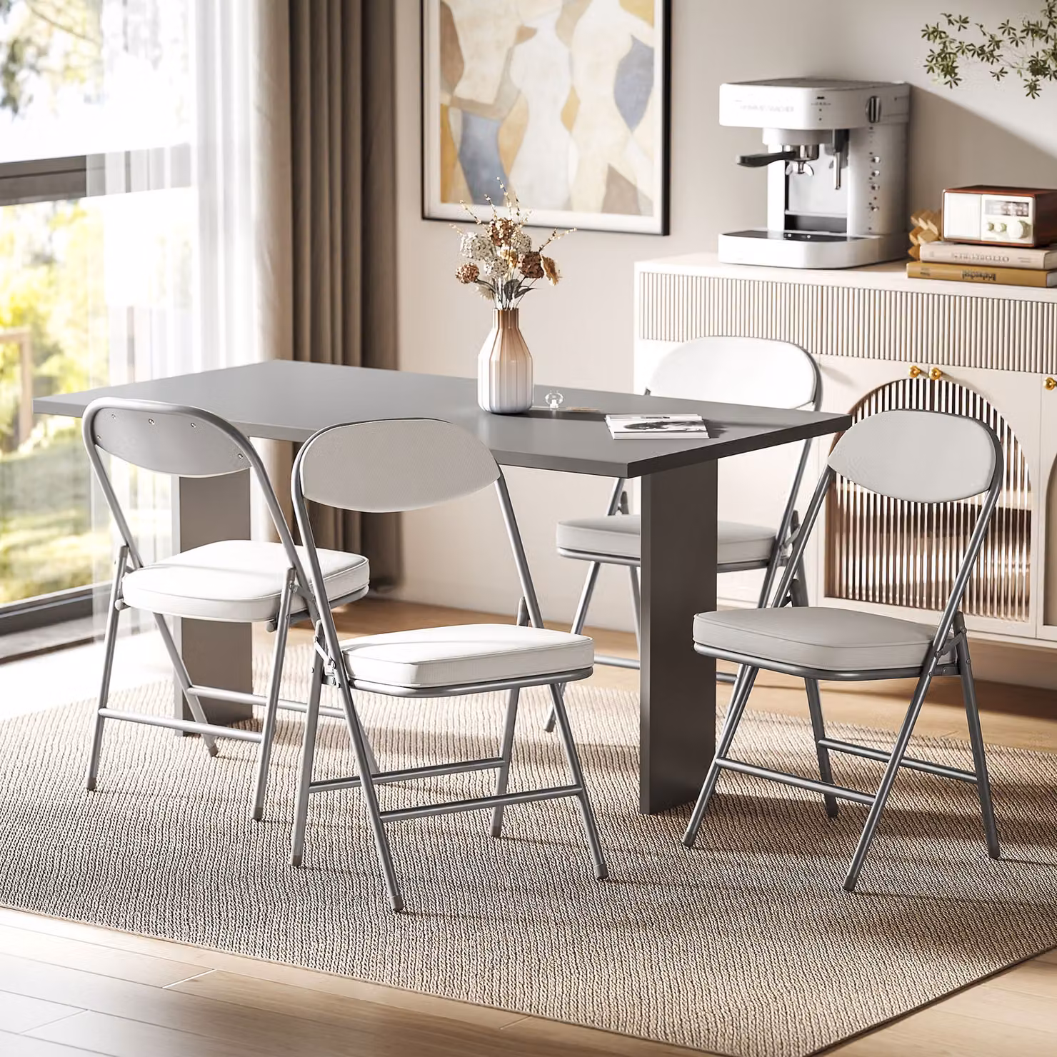 Set da 4 sedie pieghevoli imbottite HOMCOM in velluto a coste con telaio metallico, bianco crema – 2