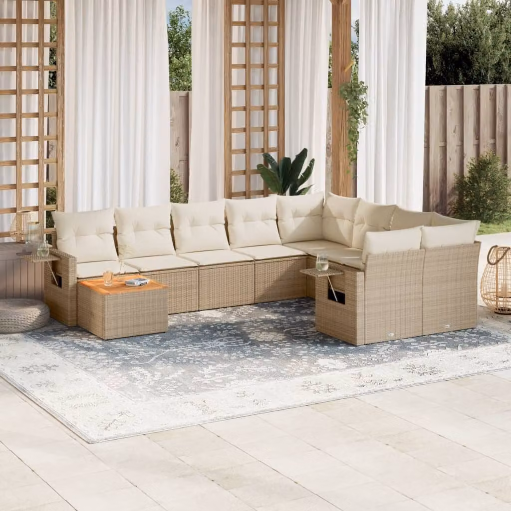 vidaXL Set Divano da Giardino 10 pz in Polyrattan con Cuscini Beige e Tavolino da Esterno – 1