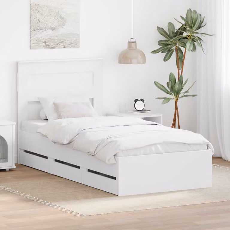 Struttura del letto bianca vidaXL in legno ingegnerizzato con cassetti e design minimalista