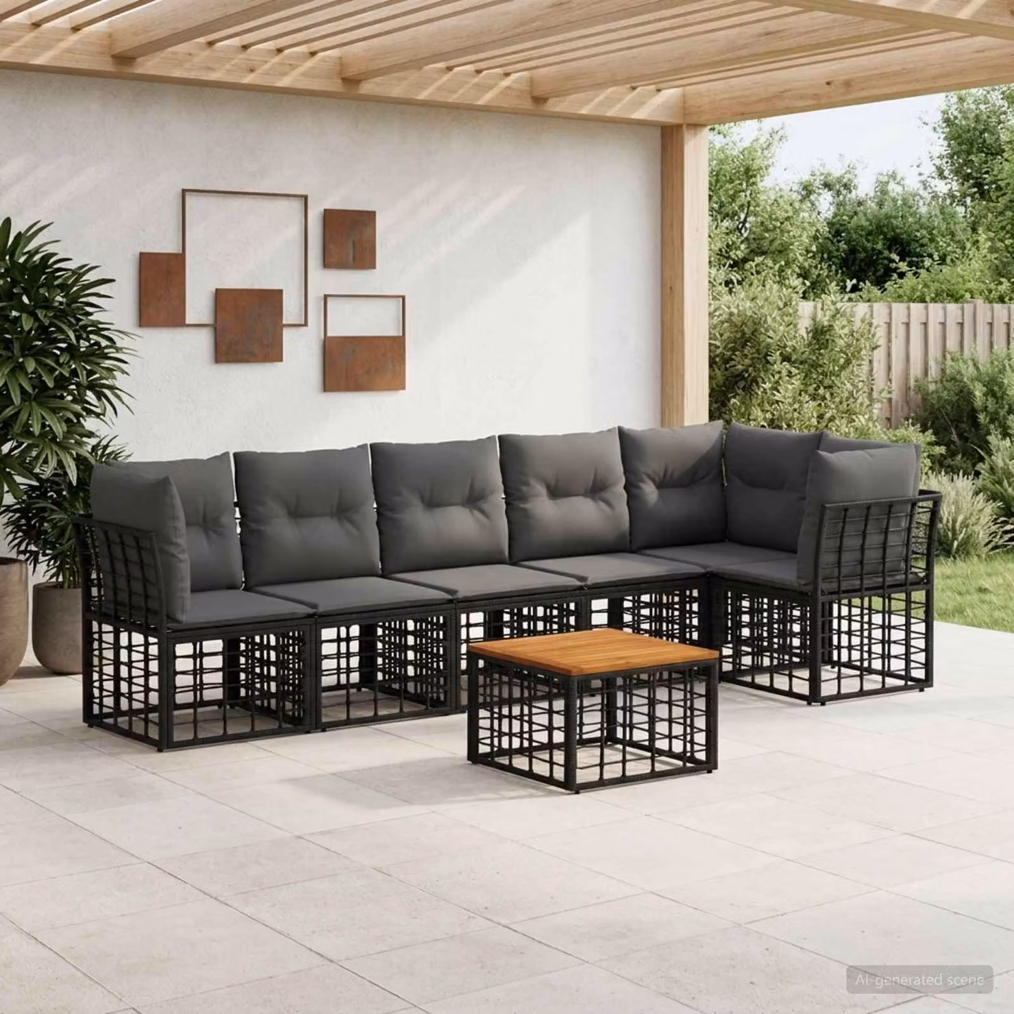 Set Divano da Giardino vidaXL 7 Pezzi a Forma di L con Tavolino, Polyrattan e Struttura in Acciaio, Colore Nero e Grigio