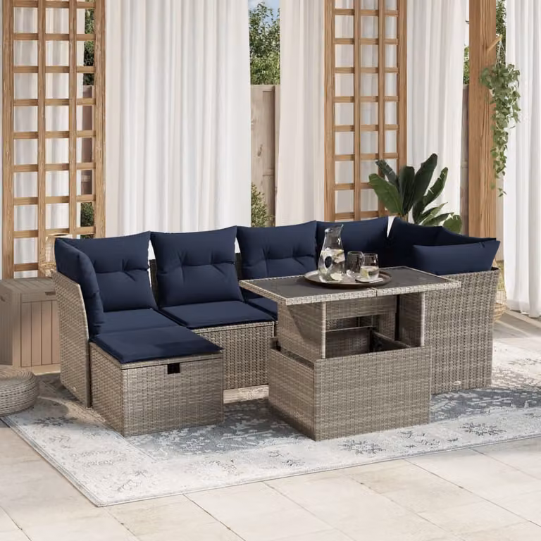 Set di divani da giardino vidaXL in polyrattan e metallo con cuscini, 7 pezzi, grigio e blu
