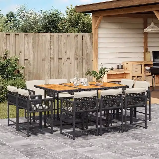 Set da pranzo da giardino vidaXL in polyrattan e legno di acacia da 11 pezzi con cuscini nero – 1