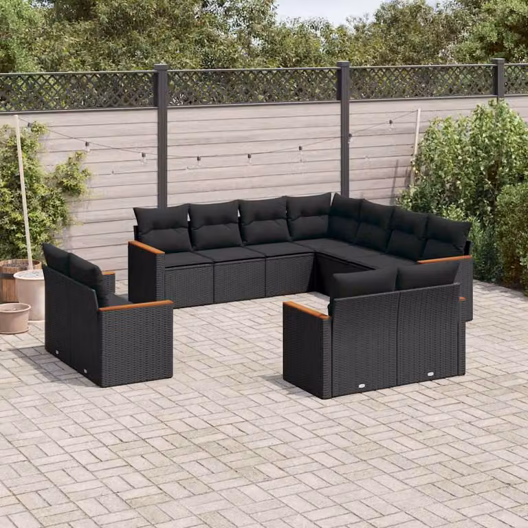 vidaXL Set Divani da Giardino a L 11 pz in Polyrattan e Legno di Acacia con Cuscini Neri
