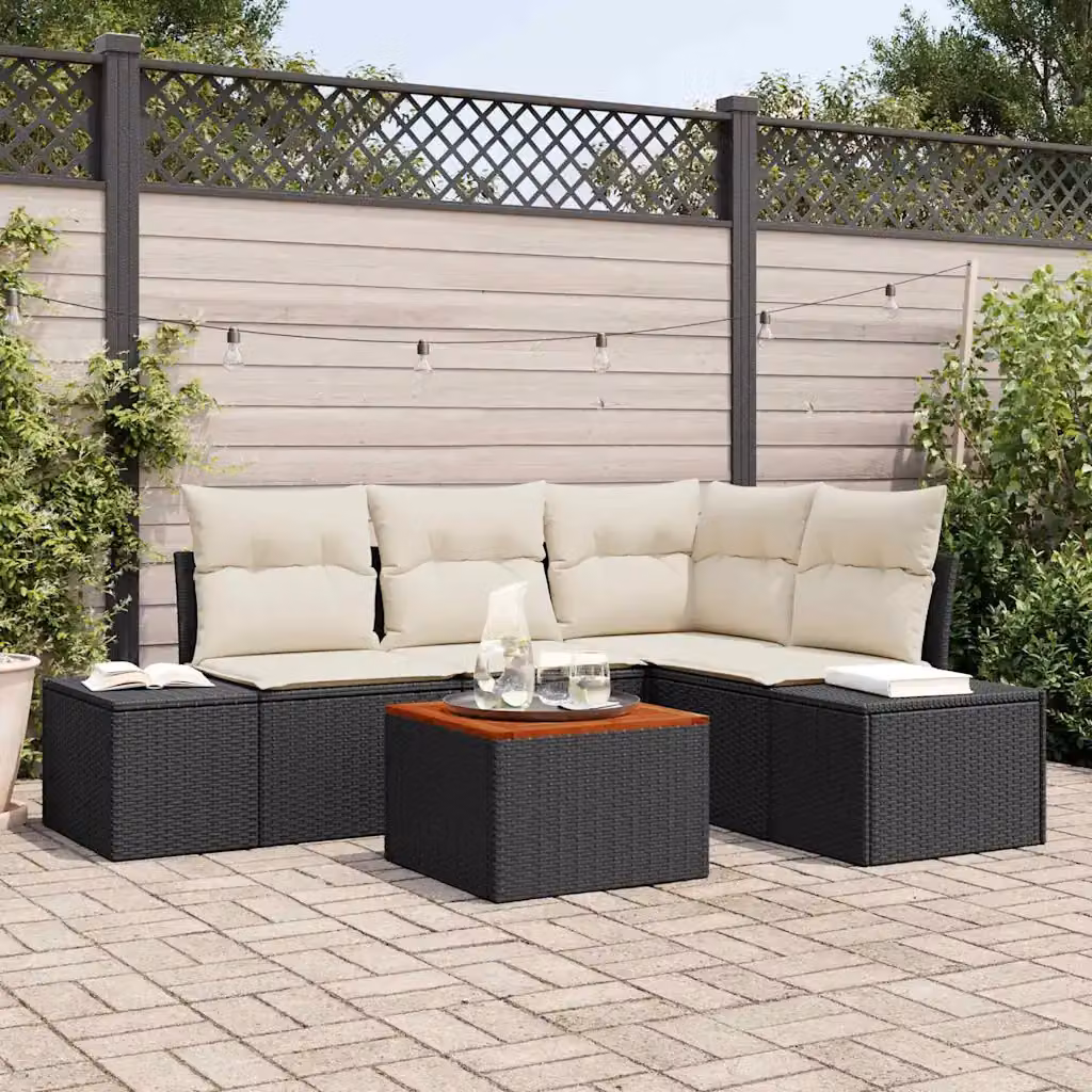 Set Divano da Giardino a L vidaXL 5 Pezzi Nero con Cuscini e Tavolino in Polyrattan e Acciaio – 1