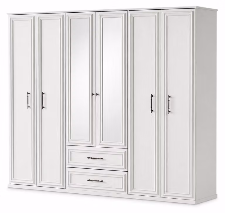 Armadio bianco elegante con 6 ante, cassetti e ampio spazio di stoccaggio