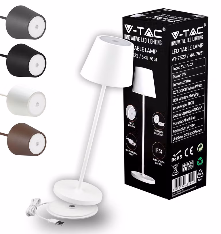 Lampada da tavolo LED dimmerabile V-TAC, senza fili, con controllo touch – Ricaricabile, bianca, per interni ed esterni – Adatta per esterni, grado di protezione IP54 – Ideale per casa e ristoranti – Batteria da 4400 mAh – Luce bianco caldo 3000K