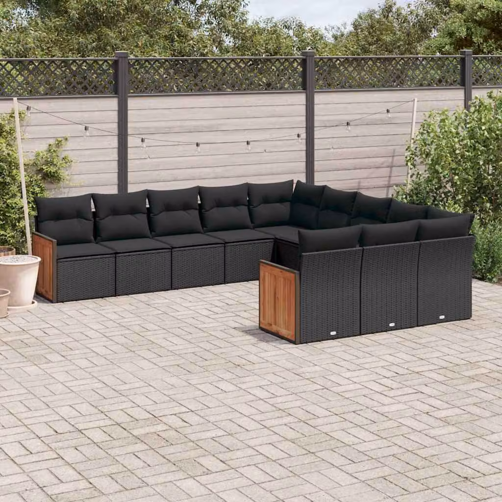 vidaXL Set Divani da Giardino 11 pz in Polyrattan Nero con Cuscini e Struttura in Legno di Acacia – 1