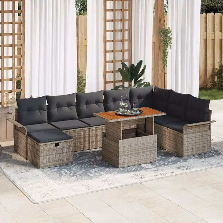 Set Divano da Giardino vidaXL 9 pz a Forma a U in Polyrattan Grigio con Cuscini e Tavolino