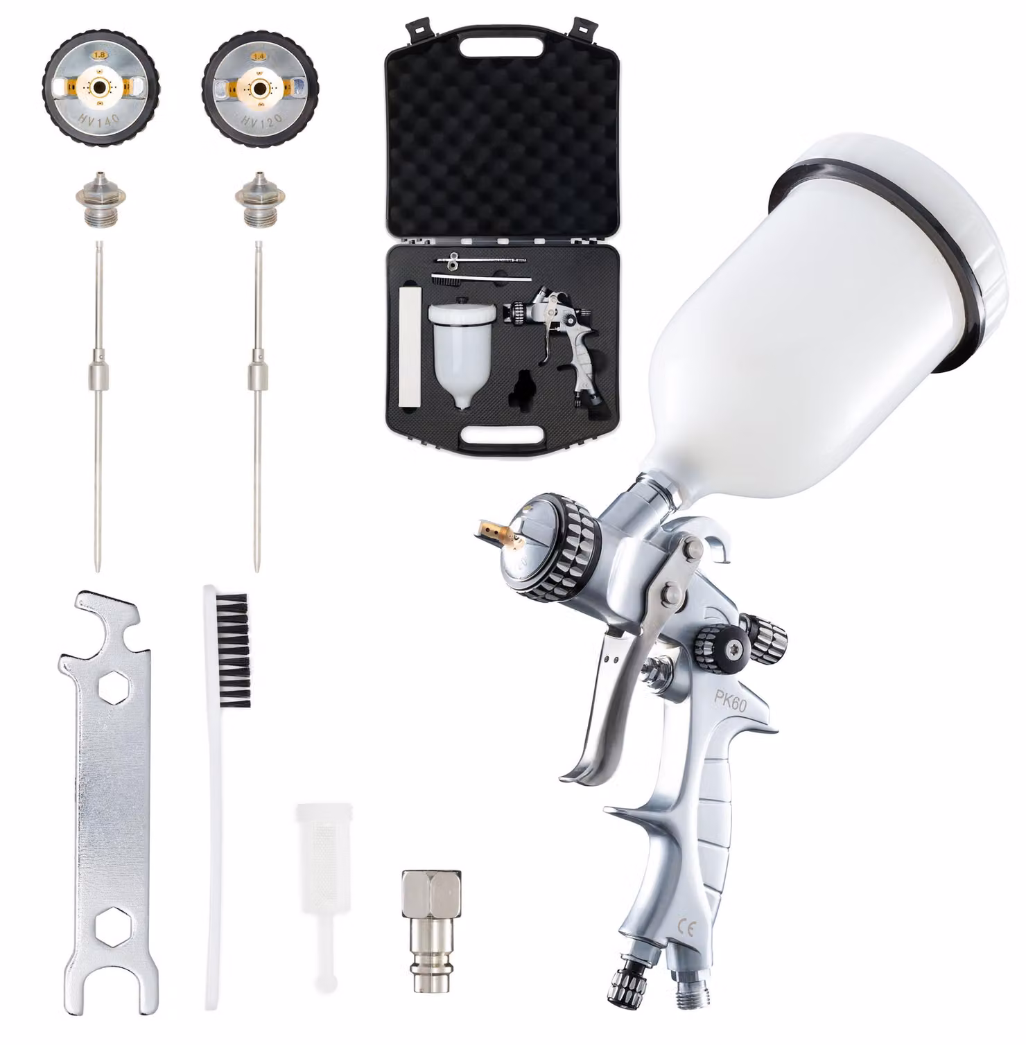 Pistola a spruzzo Benbow PK60, set di 8 pezzi, con valigetta, ugello da 1,4+1,8 mm nel set, serbatoio da 600 ml, pressione 2 bar