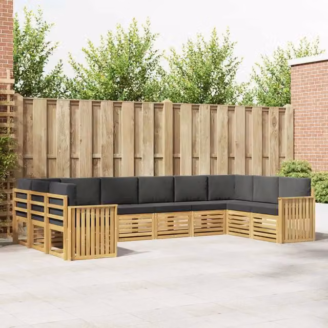 Set di divani da esterno a L vidaXL in legno di acacia con cuscini bianchi e antracite – 1