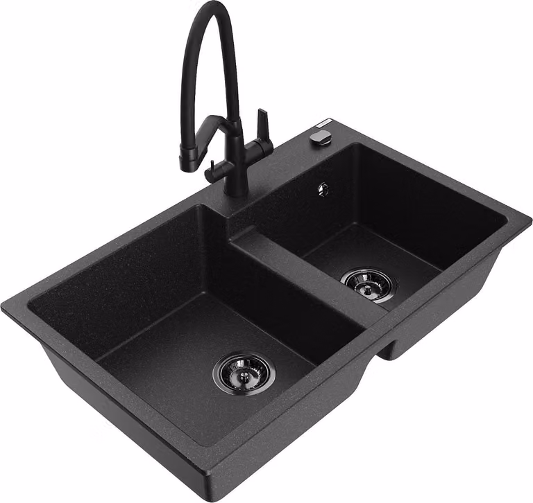 Mexen Tomas lavello in granito a 2 vasche con rubinetto da cucina Duo, nero/argento metallizzato - 6516-73-671701-70-B