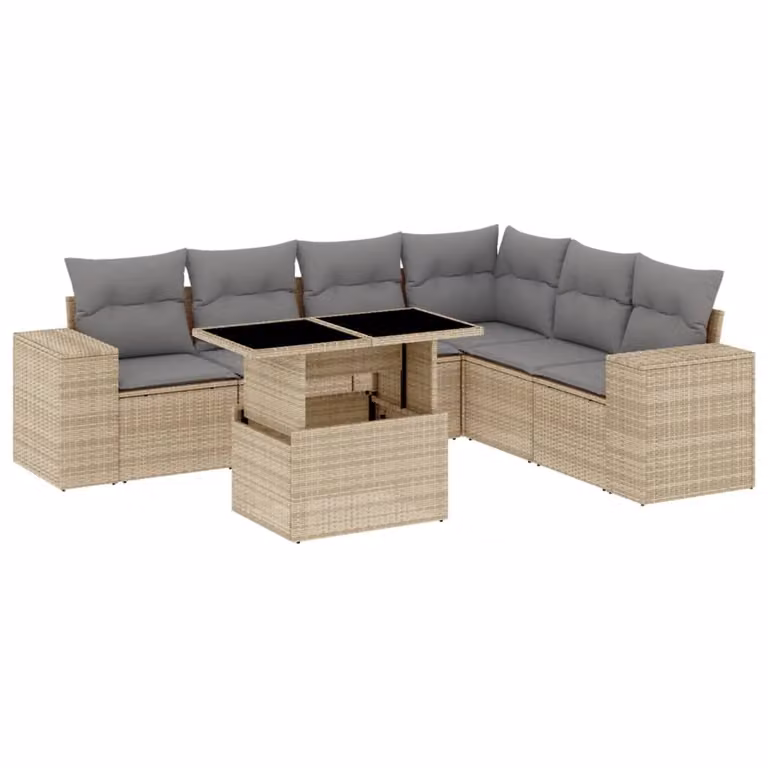 Set Divani da Giardino 7 pz con Cuscini Beige in Polyrattan