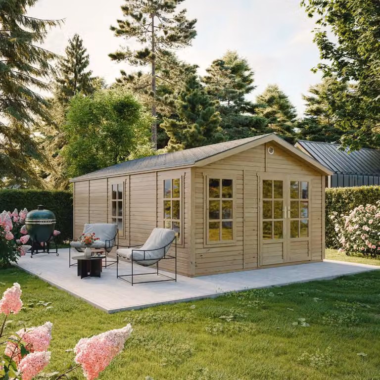 TIMBELA M737A Casetta da Giardino in Legno 370 x 600 cm, Capanno da Giardino con 3 Finestre in Vetro Temperato, Porte a Doppia Anta con Vetri, Tetto con Tegole Bituminose, Senza Pavimento