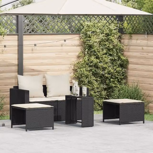 Set da giardino moderno vidaXL composto da 5 pezzi in polyrattan nero con cuscini bianchi e struttura in metallo – 1