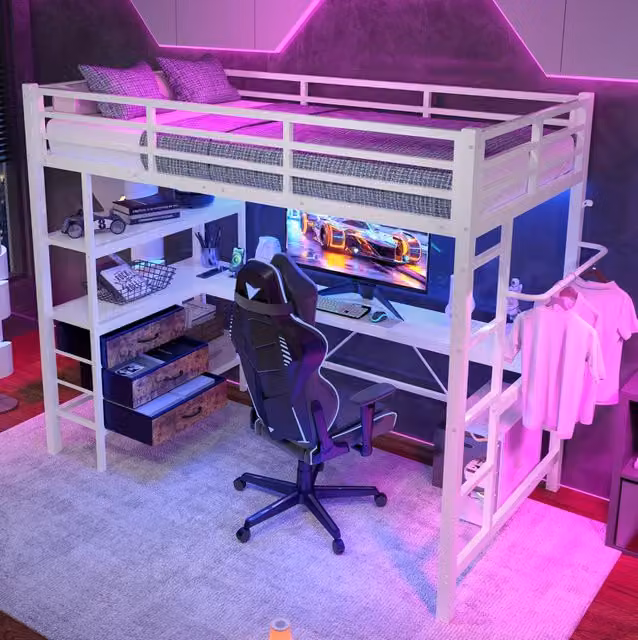 Letto a soppalco ULEVR 90x200 cm con scrivania, LED con telecomando, presa USB, 3 cassetti e ripiani, bianco