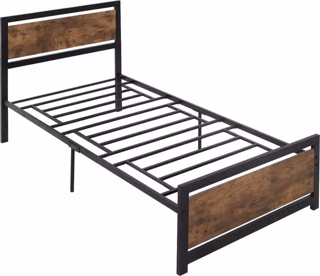 Struttura Letto Singolo HOMCOM in Legno e Acciaio con Doghe Integrate, Stile Industriale, Nero e Marrone Rustico, L/P/H: 97 x 208 x 103 cm