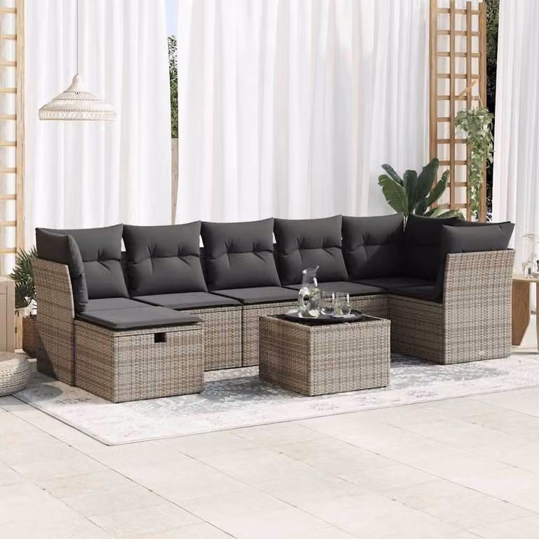 Set Divano da Giardino vidaXL 8 pz in Polyrattan Grigio con Cuscini e Tavolino