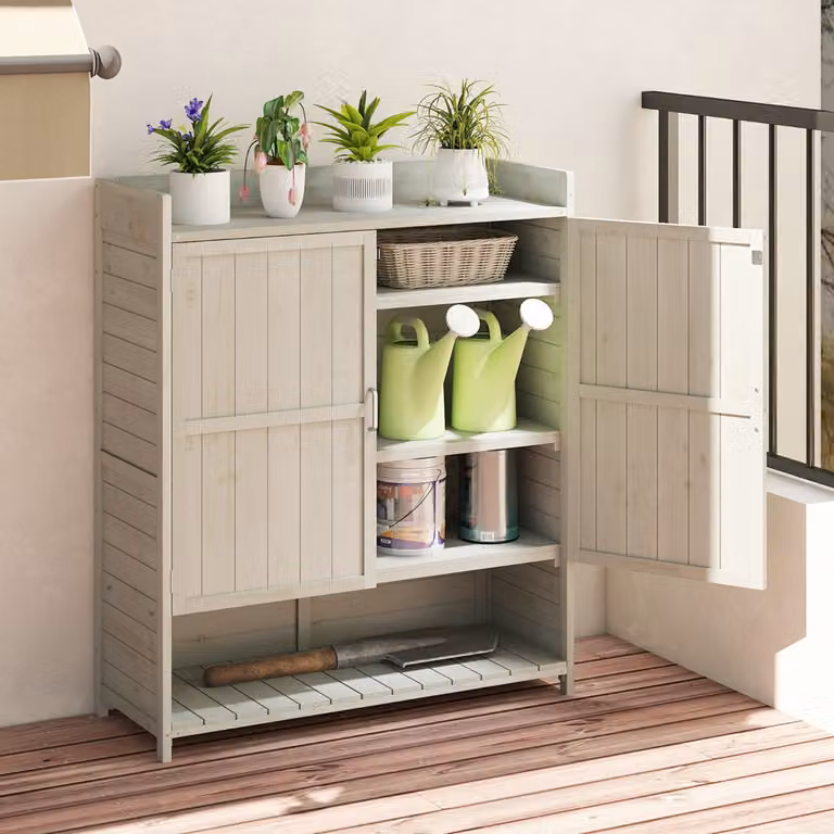 Armadio da giardinaggio Costway in legno di abete con ripiani interni e 2 ante, mobile da esterno grigio per giardino o terrazzo