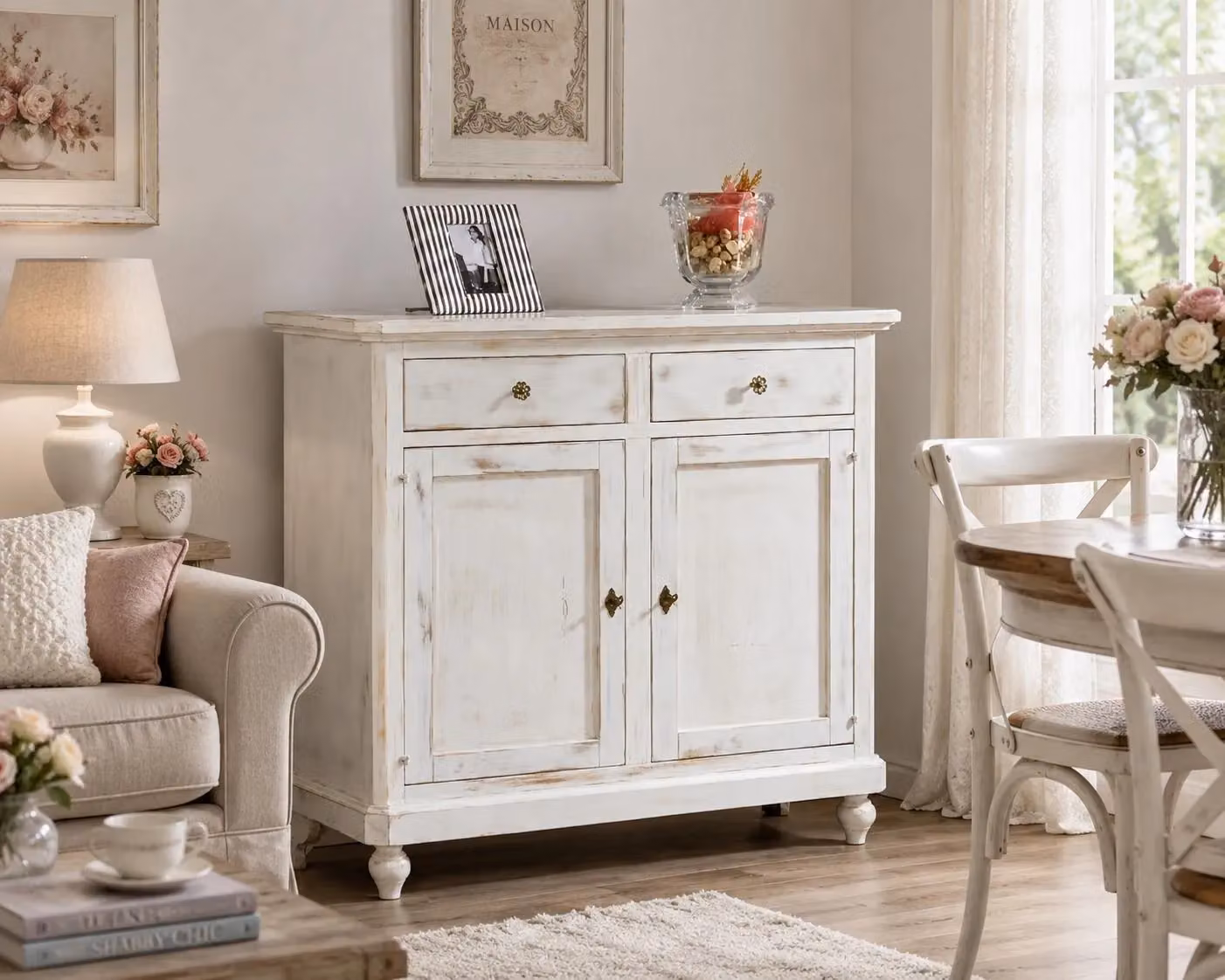 Madia credenza con 2 porte in stile shabby chic bianco consumato Mobili 2G L/P/H: 112 x 49 x 98 cm – 2