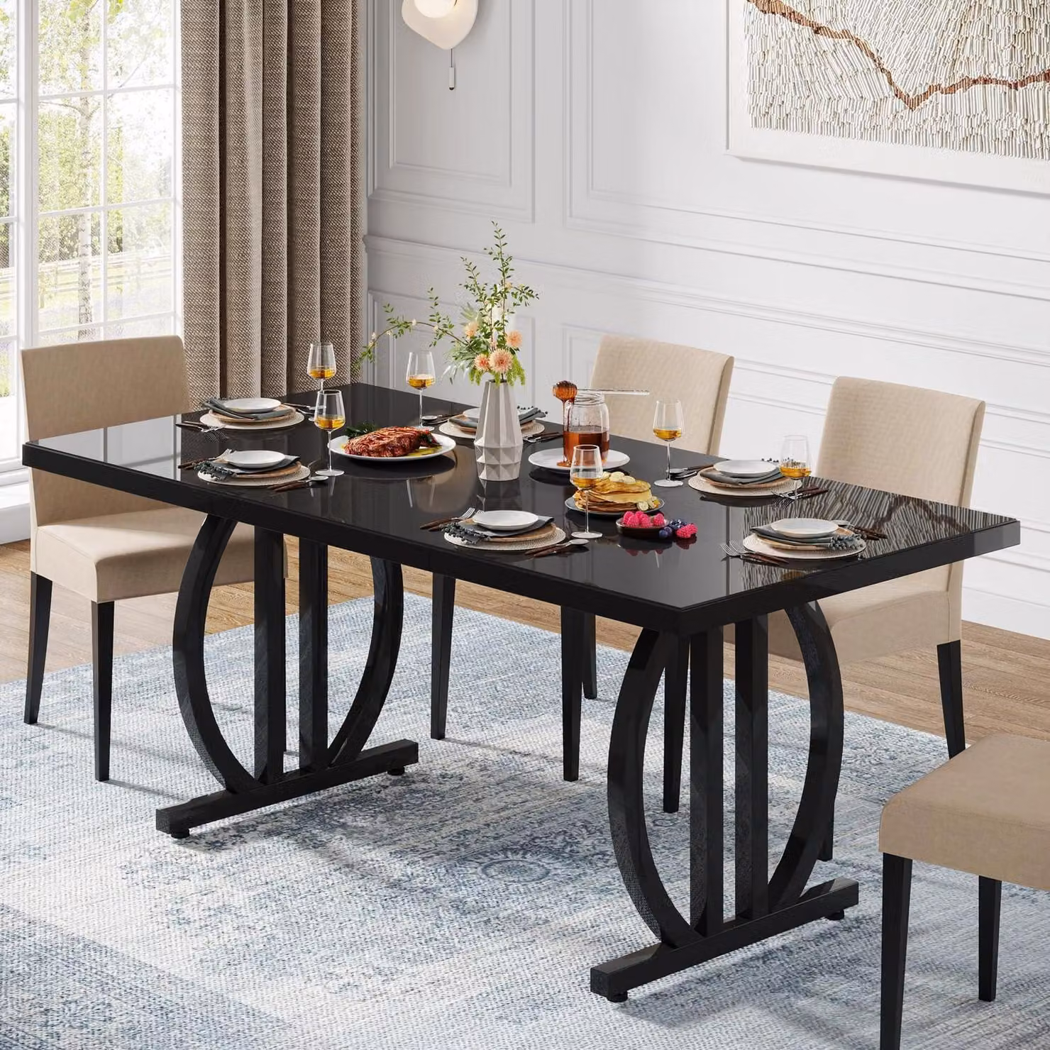 Tavolo da pranzo rettangolare, dimensioni 160x80 cm, colore nero, struttura in metallo, adatto per 4-6 persone
