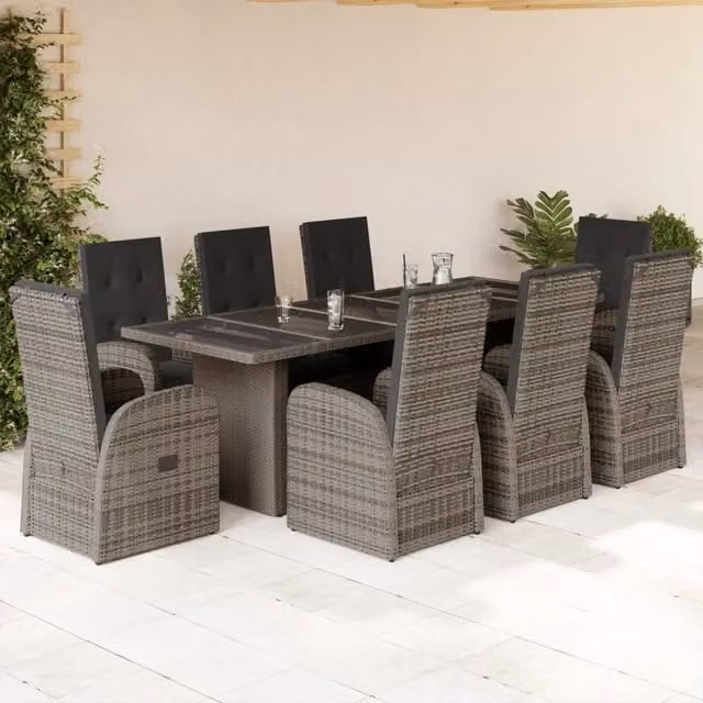 Set da pranzo da giardino vidaXL in polyrattan grigio con tavolo in vetro e 9 pezzi