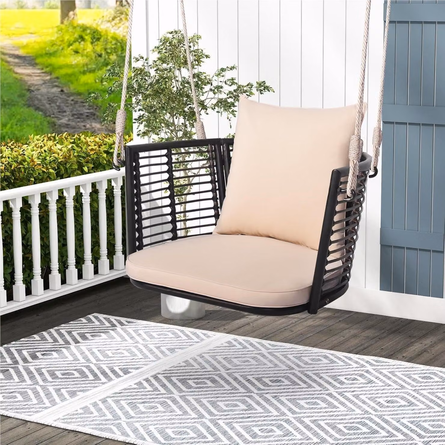 Sedia a dondolo sospesa - Poltrona sospesa - Sedia a dondolo - Amaca-sedia - Sedia da giardino - Materiale: rattan - Struttura in metallo