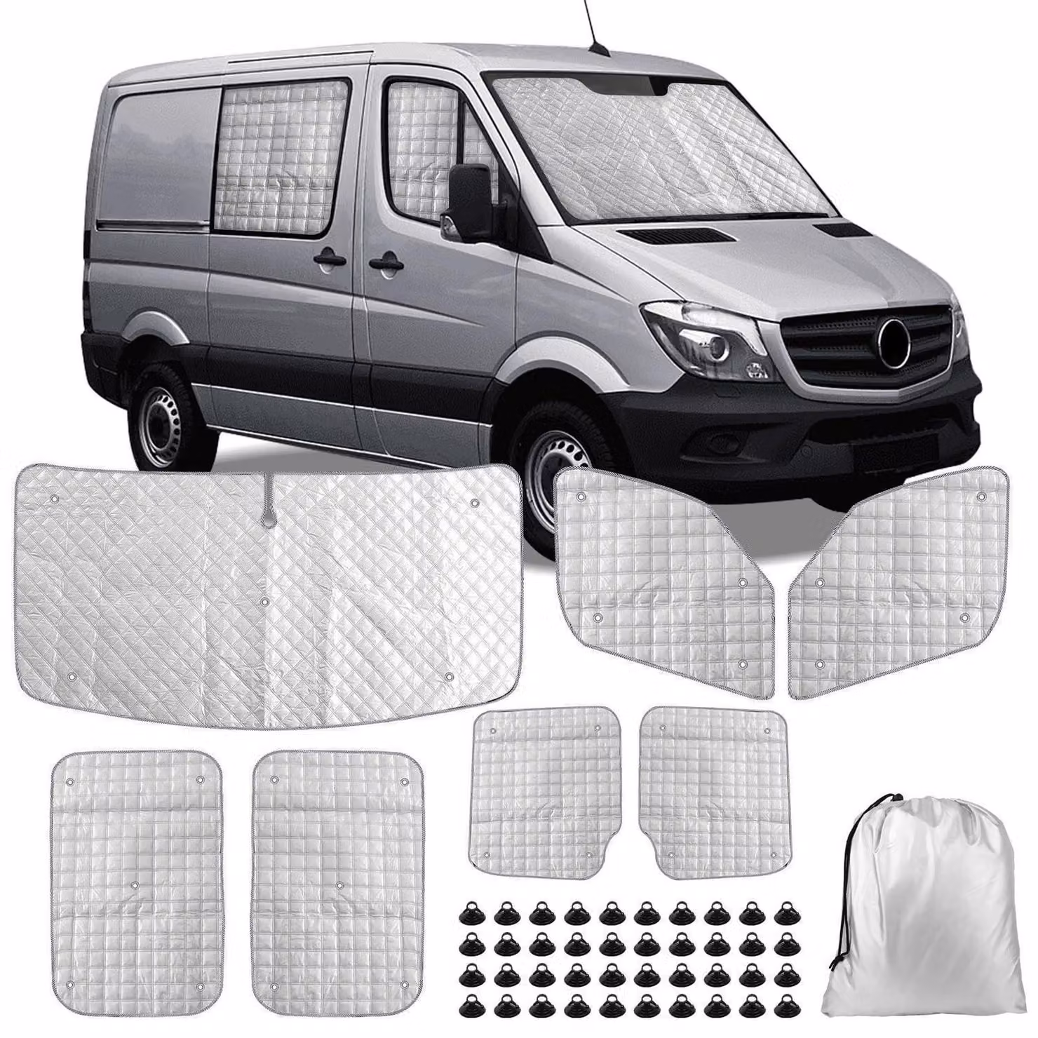 Tappetini termici per cabina passeggeri, set da 7 pezzi, per Mercedes Sprinter e VW Crafter con passo lungo (LWB), dal 2006 al 2019. Offrono protezione dai raggi UV e dall'acqua, schermatura solare, privacy e controllo della temperatura