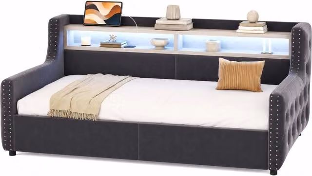 Divano letto 90x200 cm in velluto grigio scuro con contenitore， LED e rete a doghe， senza materasso