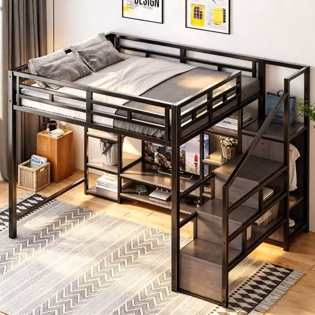 Letto a soppalco Mivray nero con scala contenitore e ripiani laterali L/P/H: 200 x 140 cm