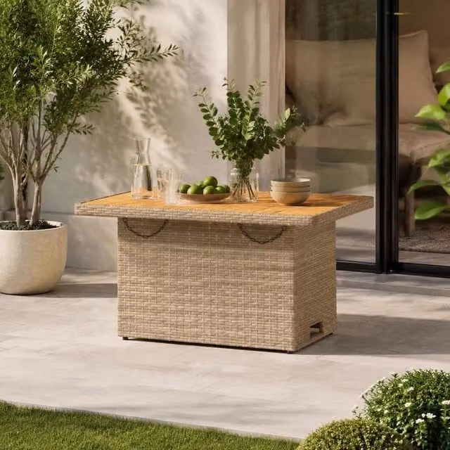Garden Table Beige 90x55x71 Cm Poly Rattan And Acacia Wood