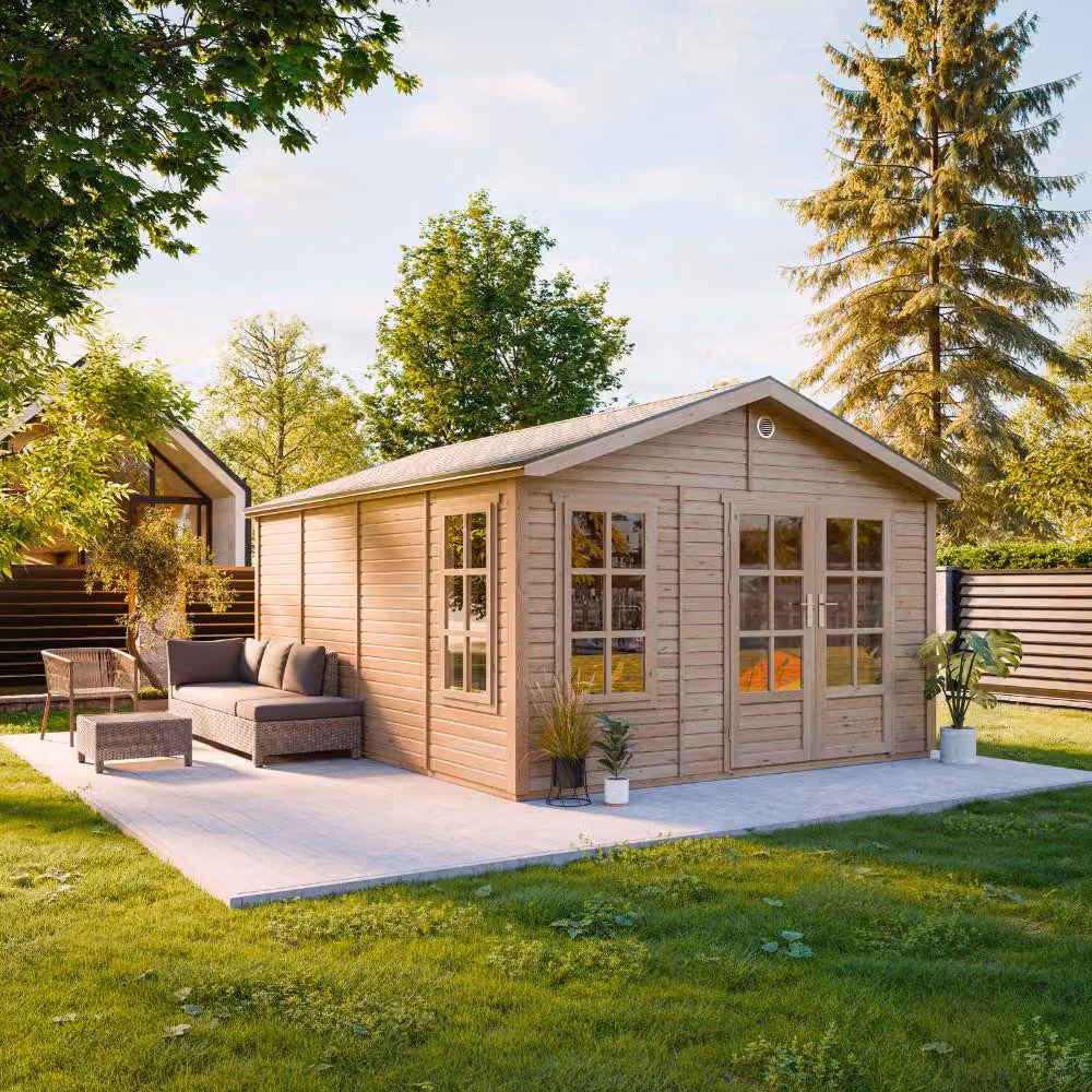 TIMBELA M736A Casetta da Giardino in Legno 370 x 480 cm, Capanno da Giardino con 3 Finestre in Vetro Temperato, Porte a Doppia Anta con Vetri, Tetto con Tegole Bituminose, Senza Pavimento