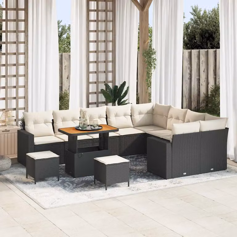 Set Divano da Giardino a Forma di U vidaXL in Polyrattan Nero con Cuscini e Tavolino