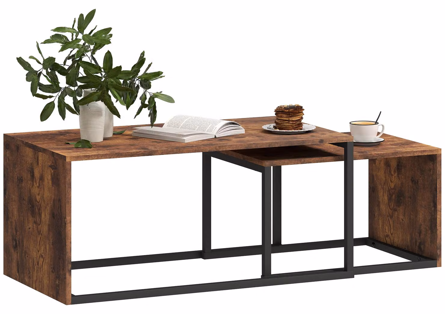 HOMCOM Set da 2 tavolini, tavolino da caffè, multifunzionale, nero+marrone