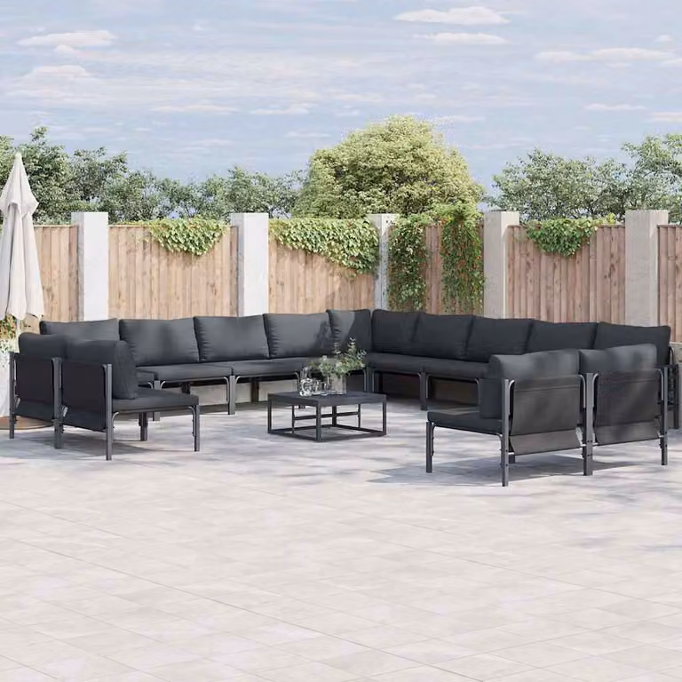 Set Divano da Giardino vidaXL 14 Pezzi Moderno a Forma di L con Tavolino e Cuscini Imbottiti in Acciaio Antracite e Nero