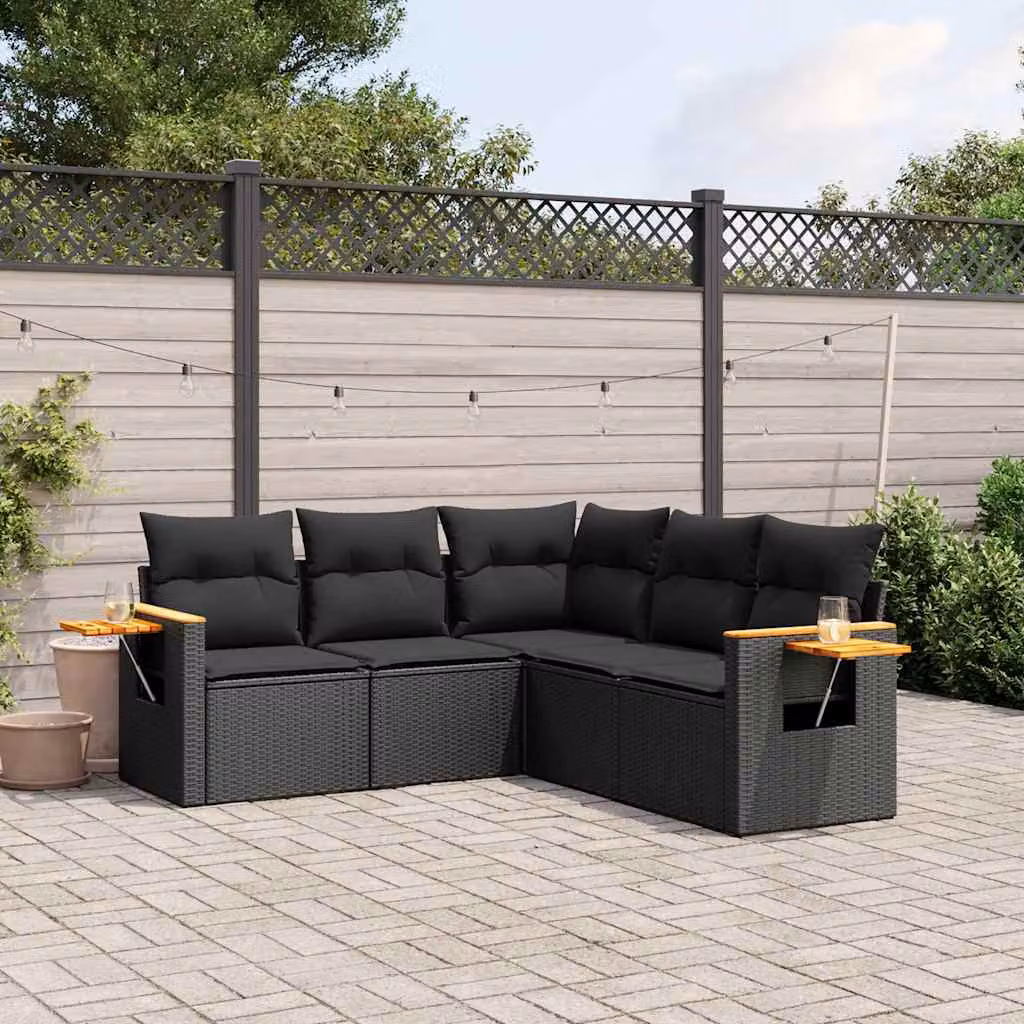 vidaXL Set Divani da Giardino 5 pz a Forma a L con Tavolino, Polyrattan e Legno di Acacia, Nero – 1