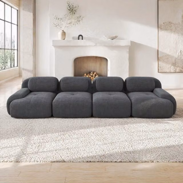 Divano angolare modulare senza telaio in velluto a coste grigio; 388 × 103 × 70 cm