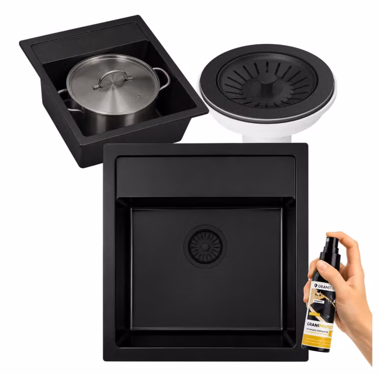 Granitan - Lavello in granito - Lavandino 50x51 cm - Lavello cucina nero - con sifone - KERANO
