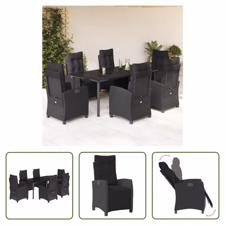 The Living Store Set da pranzo da giardino 7 pezzi con cuscini in polirattan nero